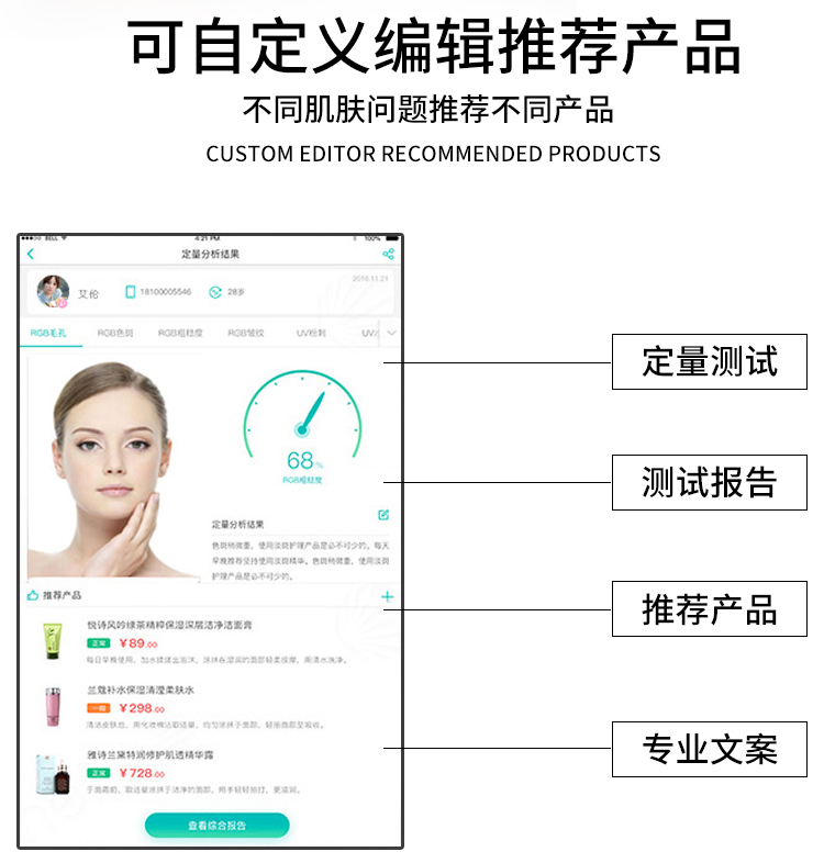 智能面部拍照儀針對(duì)不同的肌膚問(wèn)題可自定義推薦不同的產(chǎn)品